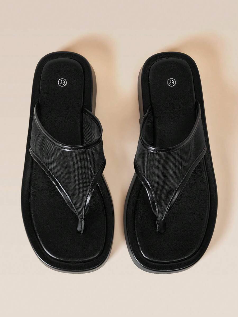 HighSole Minimalist Mesh Splicing Design Toe Thick Sole Cool Slippers Casual Shoes Dating Vacation Wear - Black - View 1