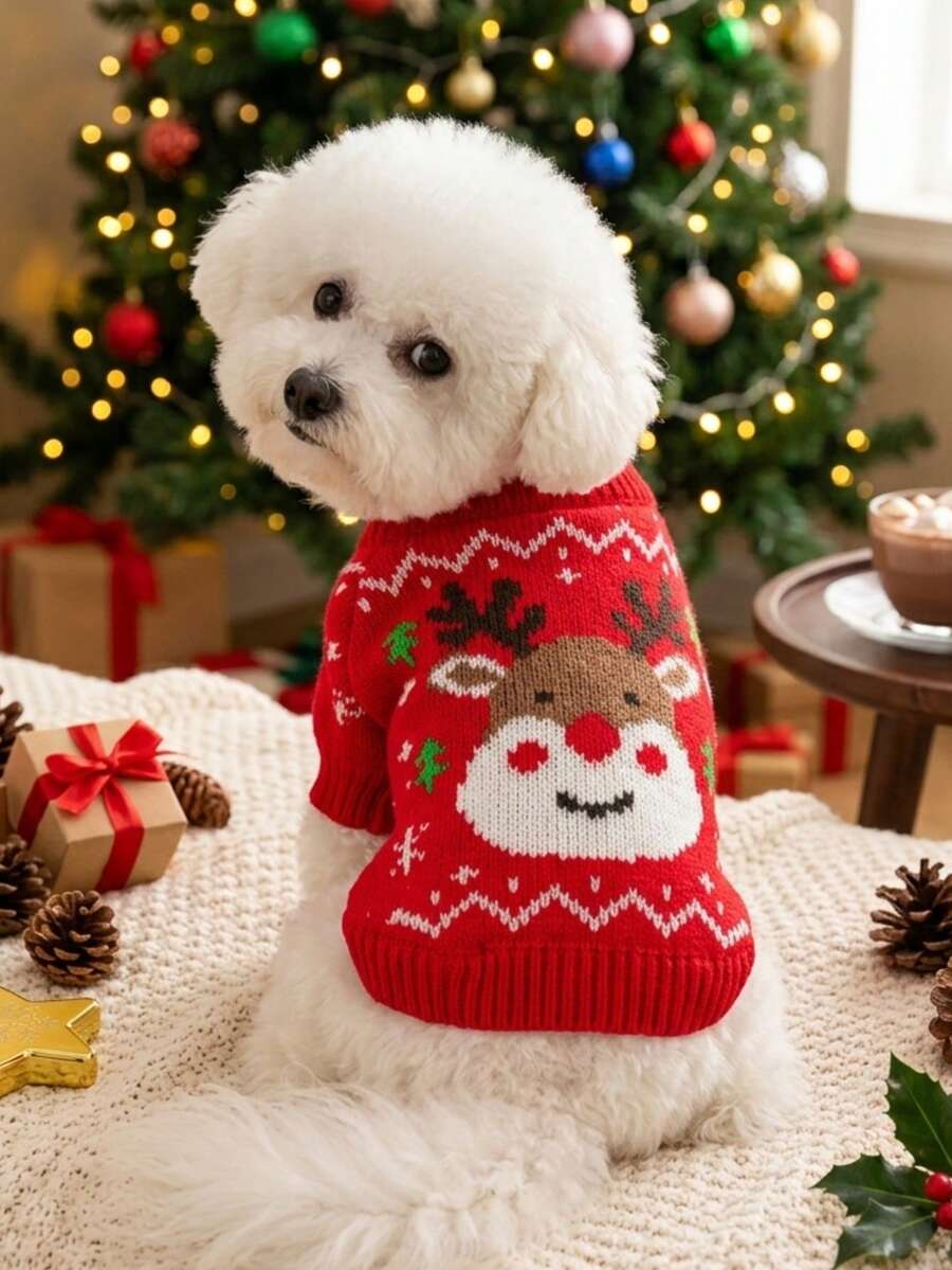 PETSIN 1 PC Christmas Pet Knitted Reindeer Pattern Sweater For Winter,Suitable For Cats And Small To Medium-Sized Dogs - Red - View 1