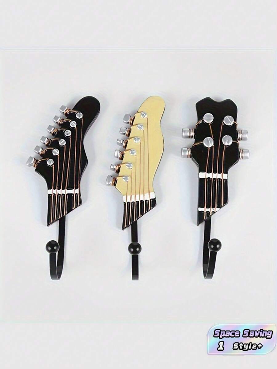 3 PCS Space Saving Creative Decorative Guitar Shaped Wall Hook Hanger For Living Room Bedroom Kitchen Home Decor Organizer Sturdy Hanging Rack For Keys Bags Hats Perfect Birthday Gift Housewarming Wedding Anniversary Christmas Holiday - View 1