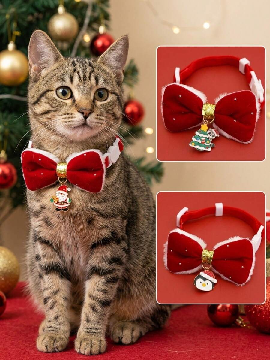 PETSIN 1PC Christmas Cartoon Pet Collar, Silent Plush Bowknot Necklace, Cute Red Decor Accessory For Cats & Dogs - Multicolor - View 1
