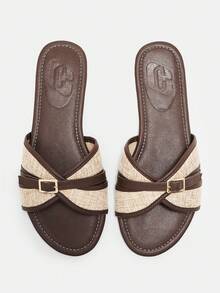 CUCCOO CURVES Fattened Wide Last Cross Sandals Female, Linen Splicing Metal Square Buckle Wide Open Line Flat Bottom Slippers, Summer Wear Open Toe - Coffee - View 1