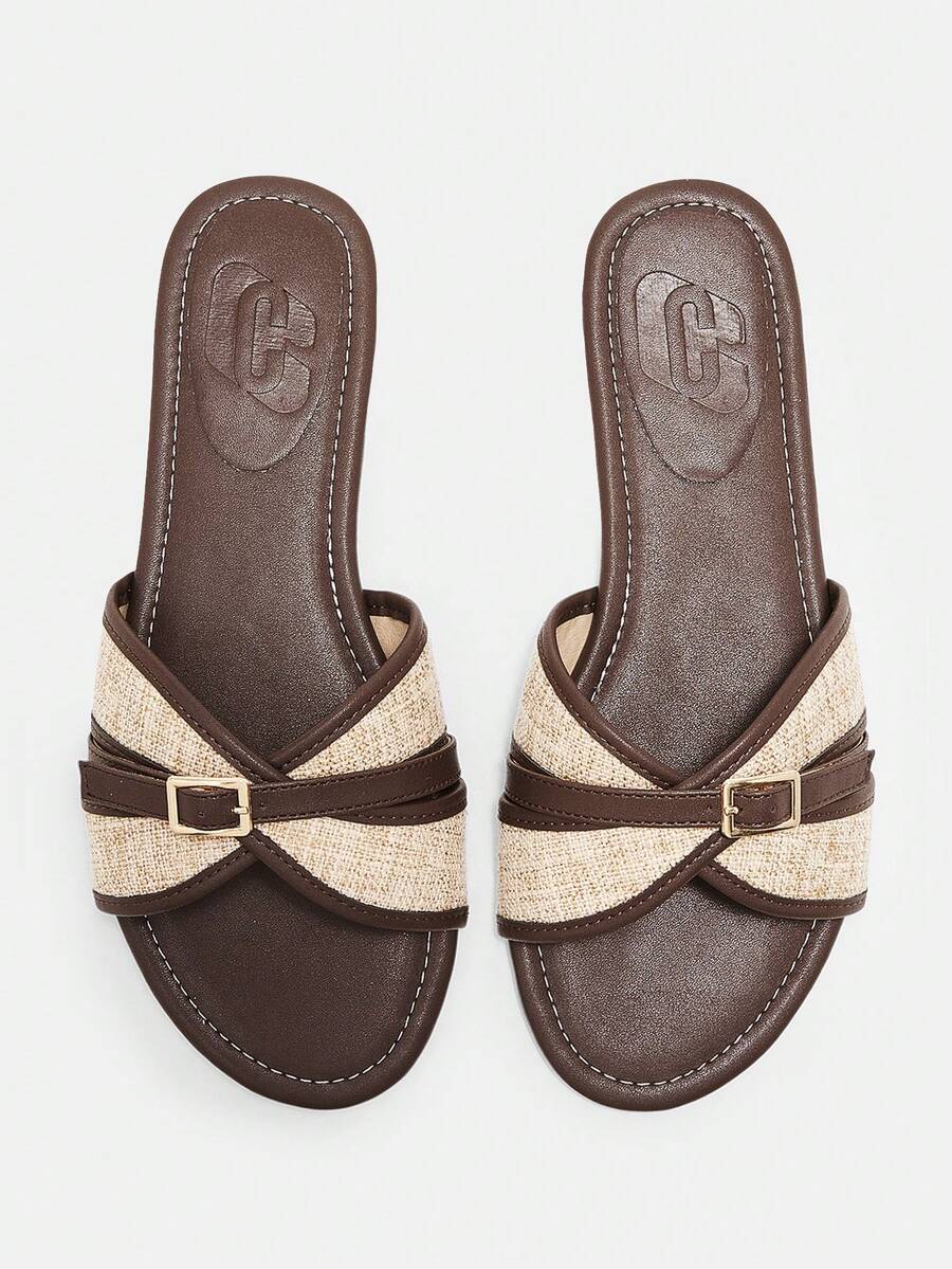 CUCCOO CURVES Fattened Wide Last Cross Sandals Female, Linen Splicing Metal Square Buckle Wide Open Line Flat Bottom Slippers, Summer Wear Open Toe - Coffee - View 1