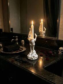 Gothic Skeleton Hand Taper Candlestick Holder, Halloween Themed Taper Candle Stand, Spooky Decorative Desktop Ornament For Table, Mantel, Home Party Decoration, Halloween Gift, Candle Excluded - one-size - View 4