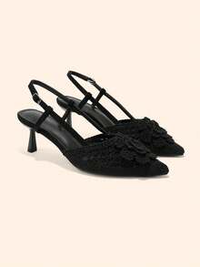 CUCCOO BASICS French Flower Hollow Woven Rear Hollow Sandals Women's Pointed Back Strap Stiletto Shoes Fall Shoes - Black - View 6