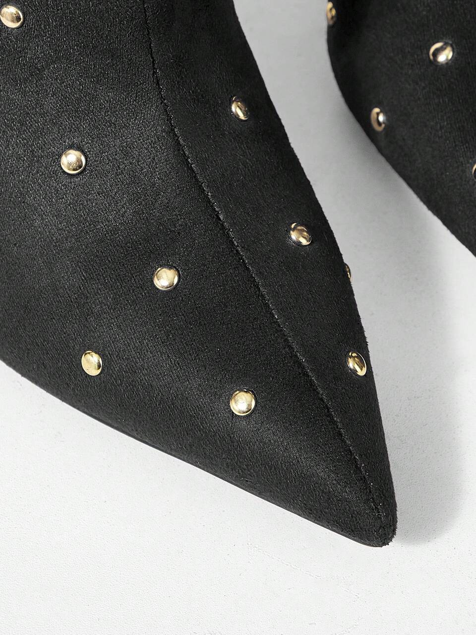 MOTF Botas altas de tacón fino y punta en ante marrón oscuro, diseño de remaches dorados, botas finas hasta la rodilla, nuevas para otoño e invierno en cuero mate color café oscuro con remaches