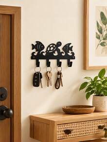 1PC Black Iron Wall Mounted Hook Rack Coastal Nautical Sea Turtle Fish Ocean Wave Pattern Decorative Towel Key Coat Hanger Organizer For Bathroom Entryway Door Back Home Storage Housewarming Gift Beach Style Wall Decor - View 5