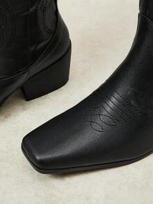 Styleloop Outdoor Women's Square Toe Molding Bottom Embroidery Thread Decoration Fashionable Simple And Comfortable Party Nightclub With Boots - Pure black - View 5