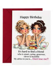 Joivida 1Pc Funny Humorous Friendship Birthday Greeting Card With Matching Envelope, Cute Playful Retro Girl Illustration Colorful Lettering Card, Sweet Friendship Anniversary Gift Card, 3 Styles Optional For Best Friend, Bestie, Sister & Close Friend - Multicolor - View 12