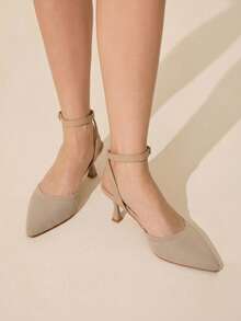 CUCCOO BASICS Fashion Apricot Knitted Fabric Ankle Strap Pointed Stiletto Women's Shoes Comfortable Commute Office Vacation Go Out Essential Women Fall Shoes - Apricot 1 - View 2