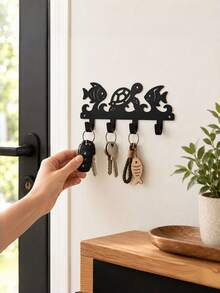 1PC Black Iron Wall Mounted Hook Rack Coastal Nautical Sea Turtle Fish Ocean Wave Pattern Decorative Towel Key Coat Hanger Organizer For Bathroom Entryway Door Back Home Storage Housewarming Gift Beach Style Wall Decor - View 6