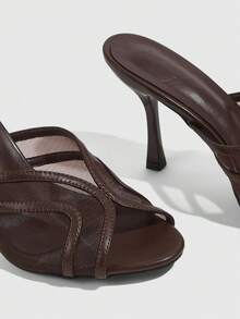 CUCCOO SZL Giày mules cao gót hở mũi nữ, lưới đan chéo, sandal tiệc xỏ chân - Cà phê nâu - Xem 2