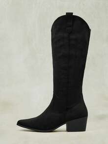Styleloop Outdoor Women's Square Toe Molding Bottom Embroidery Thread Decoration Fashionable Simple And Comfortable Party Nightclub With Boots - Fleece, black - View 1