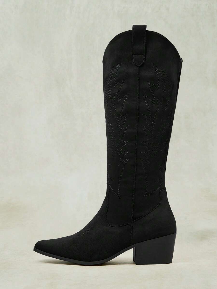Styleloop Outdoor Women's Square Toe Molding Bottom Embroidery Thread Decoration Fashionable Simple And Comfortable Party Nightclub With Boots - Fleece, black - View 1