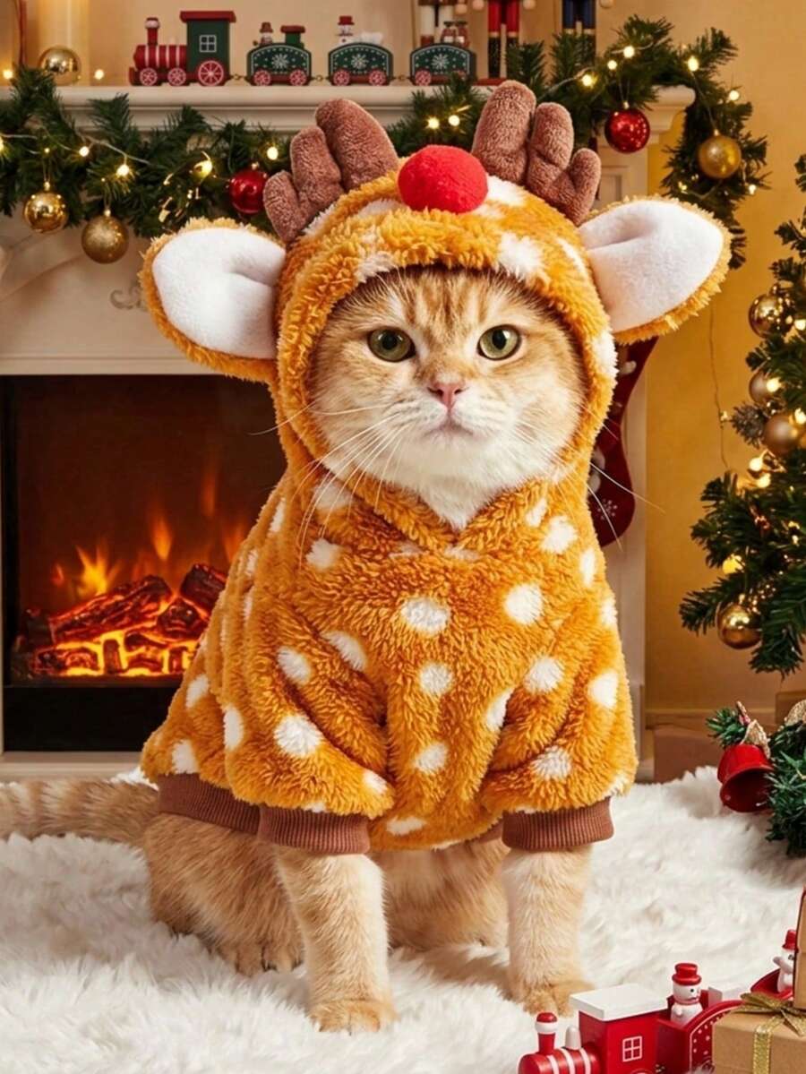 PETSIN Cute Reindeer Design Thick Fleece Warm Pet Sweatshirt, Suitable For Autumn/Winter - Brown - View 1