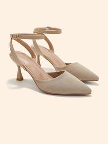 CUCCOO BASICS Fashion Apricot Knitted Fabric Ankle Strap Pointed Stiletto Women's Shoes Comfortable Commute Office Vacation Go Out Essential Women Fall Shoes - Apricot 1 - View 5