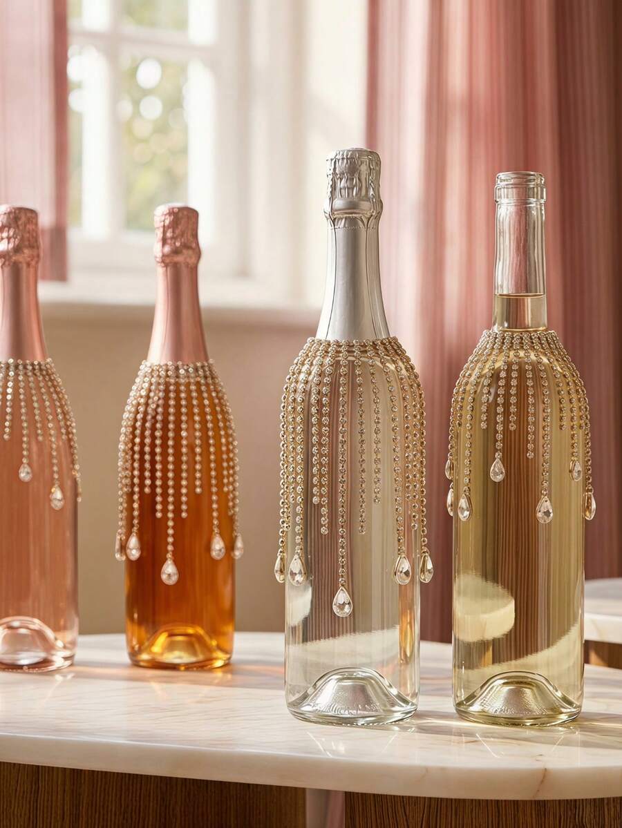 Cirelle 1Pc/4Pcs Rhinestone Tassel Wine Bottle Decor Chain, Electro‑Plated Metal Base Embedded With Sparkling Crystal Stones, Flexible Dangling Ornament, Wrap‑Around Adornment For Wine Bottles, Table Centerpiece For Holiday Gathering Setup - Multicolor - View 1