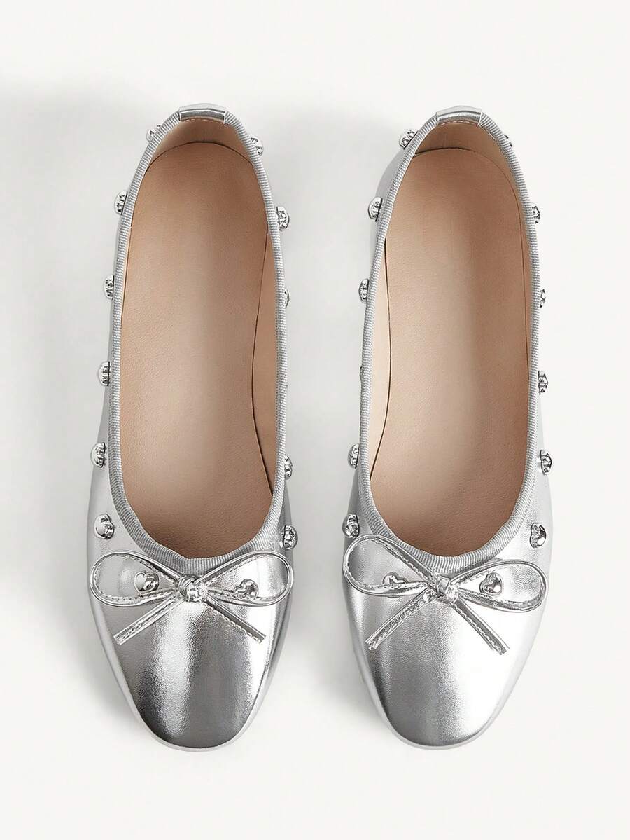 CUCCOO CHICEST Bow Love Buckle Design Round Toe Flat Bottom Elegant Commuter Ballet Silver PU Leather Women Flat Shoes Dating Vacation - Silver - View 1
