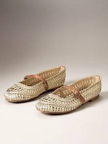 SHEIN VACAZURE Ladies Crochet Raffia Mary Jane Ballet Flat For Christmas Valentine's Day - Light gold - View 9