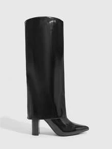 CUCCOO SZL Outdoor Women Pointed Thick Heel PU Light Fabric Fashion Simple Party Banquet Side Zipper Boots - Black - View 1