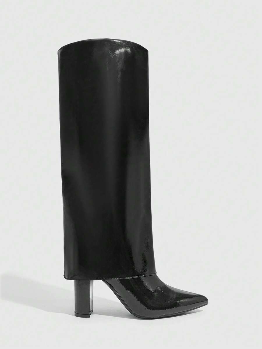 CUCCOO SZL Outdoor Women Pointed Thick Heel PU Light Fabric Fashion Simple Party Banquet Side Zipper Boots - Black - View 1