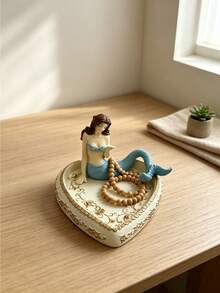 1PC Resin Heart Shaped Golden Embossed Blue Mermaid Jewelry Storage Tray Organizer Box For Earring Ring Necklace Bedroom Vanity Bathroom Nautical Decor Gift Ornament - Multicolor - View 4