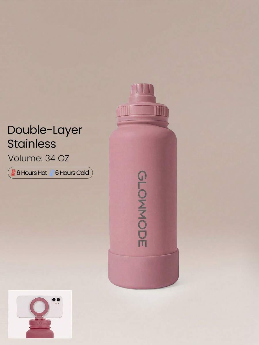GLOWMODE 34 OZ Sip And Go 雙層不鏽鋼環形手柄磁吸手機支架防滑底座水壺 日常休閒辦公運動用 - 煙粉 - 查看 1