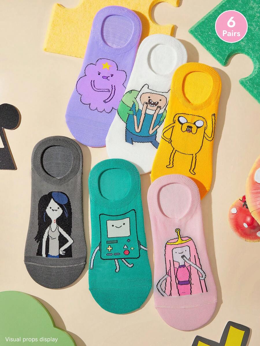 ADVENTURE TIME X SHEIN 6 أزواج من الجوارب الرقيقة المنخفضة التي لا تظهر، قابلة للتنفس وماصة للعرق، بتصميم وجه مبتسم لطيف، مناسبة للربيع والصيف، للجنسين - خلط الألوان - مشاهدة 1