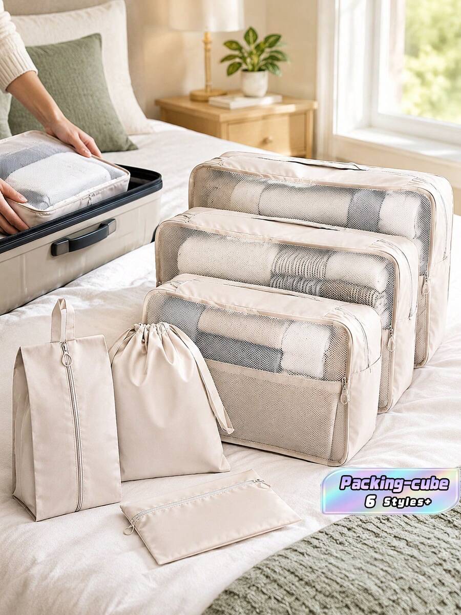 Premium Textured Solid Travel Packing Cube Sets, Multi‑Purpose Storage Organizer Bags, Ideal For Holiday, Festival, Weekend Getaway, Dorm, Back‑To‑School, Neatly Organizes Clothes, Makeup, Skincare, Phone & Small Items For Travel And Home Sorting