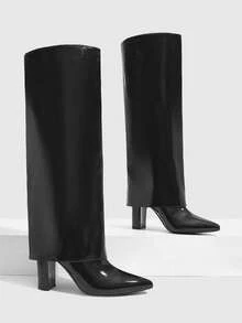 CUCCOO SZL Outdoor Women Pointed Thick Heel PU Light Fabric Fashion Simple Party Banquet Side Zipper Boots - Black - View 2