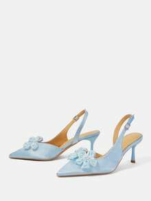 CUCCOO HITCHD Ladies Gentle Light Blue Satin Pointed Back Empty Shoes, Three-Dimensional Pleated Flower Pearl Decoration, Slingbacks - Light blue - View 3