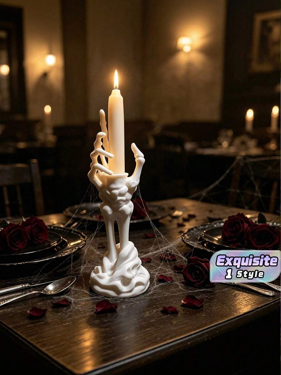 Gothic Skeleton Hand Taper Candlestick Holder, Halloween Themed Taper Candle Stand, Spooky Decorative Desktop Ornament For Table, Mantel, Home Party Decoration, Halloween Gift, Candle Excluded - one-size - View 1
