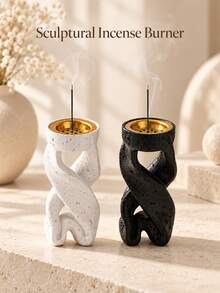 Cirelle 1Pc Twisted Ribbon Shape Incense Burner, Speckled Textured Body, Golden Perforated Metal Inner Bowl, Dual‑Use For Cone & Stick Incense, Tall Tabletop Incense Holder, Modern Sculptural Home Decor, Ramadan Desktop Ornament,Muilt‑Size Selectable Options - default - View 4