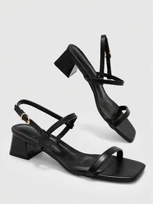 CUCCOO BIZCHIC Women's Fashion Spring And Summer New Square Top PU Surface Strap. Foot Strap. Back Strap Sandals. Medium High Heel Painted Coarse Heel Roma - Black - View 5