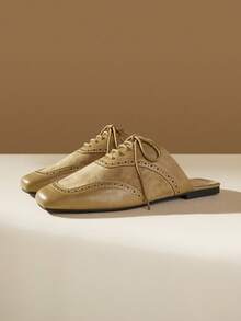 CUCCOO EASI Retro Square Toe Khaki Closed Toe Flats, Comfortable And Versatile, Slingback Shoes After Commuting, Women Fall Shoes - Khaki straps - View 6