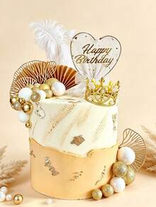 1set Lightweight Foam Paper Cake Decoration Kit Diy Reusable Crown Gold Paper Fan Round Sign Happy Birthday Cake Topper Solid Golden Tone Multi Style Baking Insert Picks For Birthday Party Dessert Table Home Party Baking Decor Accessories - gold - View 2