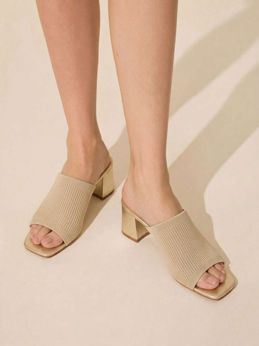 CUCCOO BASICS Spring And Summer Weaving Square Top Hollow High-Heeled Mules Mop, Breathable Open-Toe Mop - Gold - View 1
