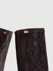 Daringsoles 秋冬時尚尖頭粗跟及膝靴，適合日常外出穿著 - 咖啡蛇皮 - 查看 5