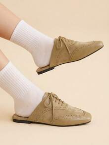 CUCCOO EASI Retro Square Toe Khaki Closed Toe Flats, Comfortable And Versatile, Slingback Shoes After Commuting, Women Fall Shoes - Khaki straps - View 4