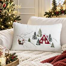 1pc Christmas Santa Claus Red House & Christmas Tree Embroidered Throw Cushion Cover, Suitable For Indoor Decoration, Christmas Decorative Pillow Cover, Pillow Insert Not Included - Multicolor - View 8