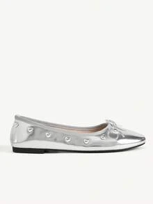 CUCCOO CHICEST Bow Love Buckle Design Round Toe Flat Bottom Elegant Commuter Ballet Silver PU Leather Women Flat Shoes Dating Vacation - Silver - View 3