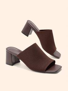 CUCCOO BASICS Spring And Summer Weaving Square Top Hollow High-Heeled Mules Mop, Breathable Open-Toe Mop - Brown - View 2