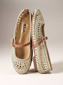 SHEIN VACAZURE Ladies Crochet Raffia Mary Jane Ballet Flat For Christmas Valentine's Day - Light gold - View 1