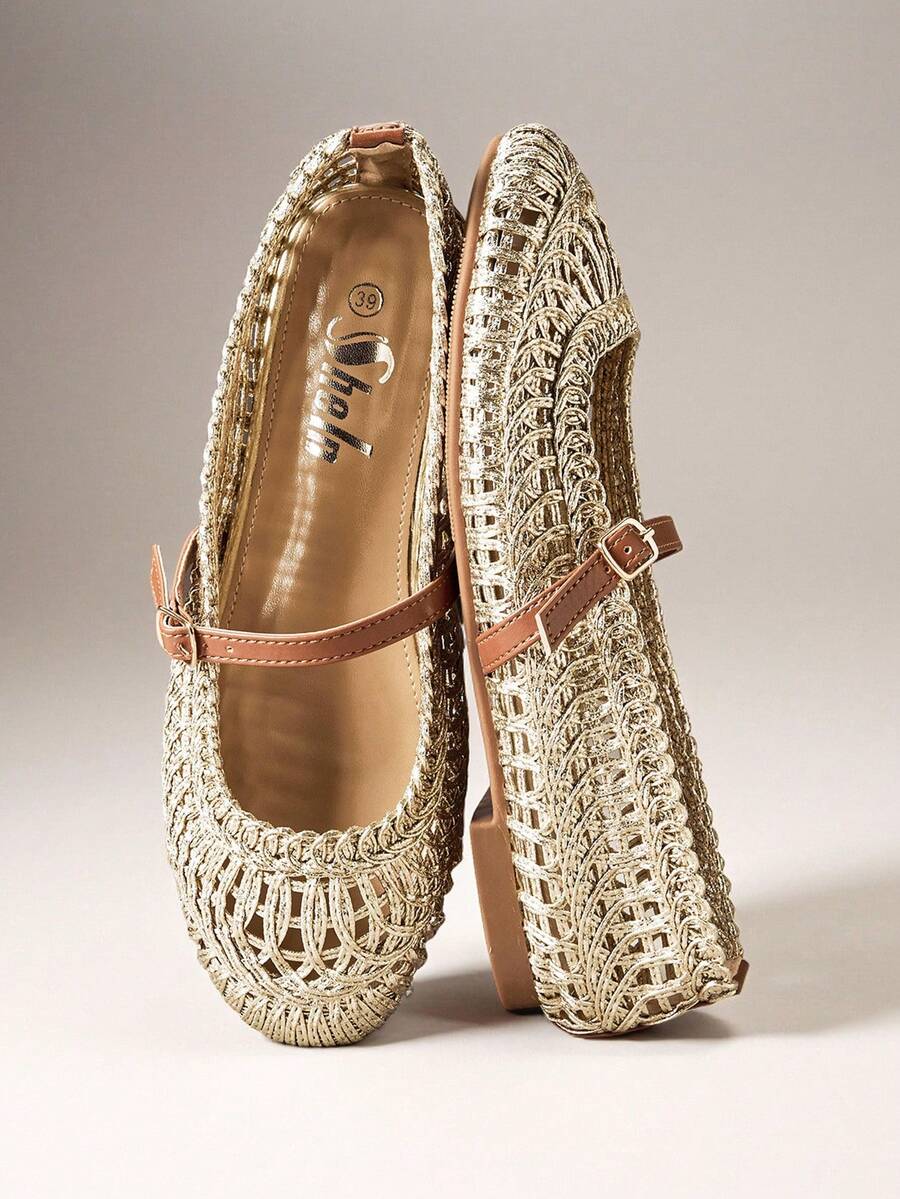 SHEIN VACAZURE Ladies Crochet Raffia Mary Jane Ballet Flat For Christmas Valentine's Day - Light gold - View 1