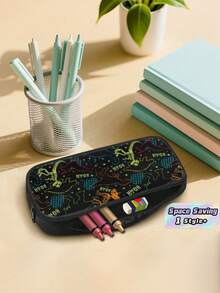 1PC 600D Polyester Large Capacity Pencil Case Cool Dinosaur Skeleton Fossil Print Zipper Closure Stationery Storage Pouch Multi‑Functional Pen Bag For Student Office Travel Daily Use - Multicolor - View 1