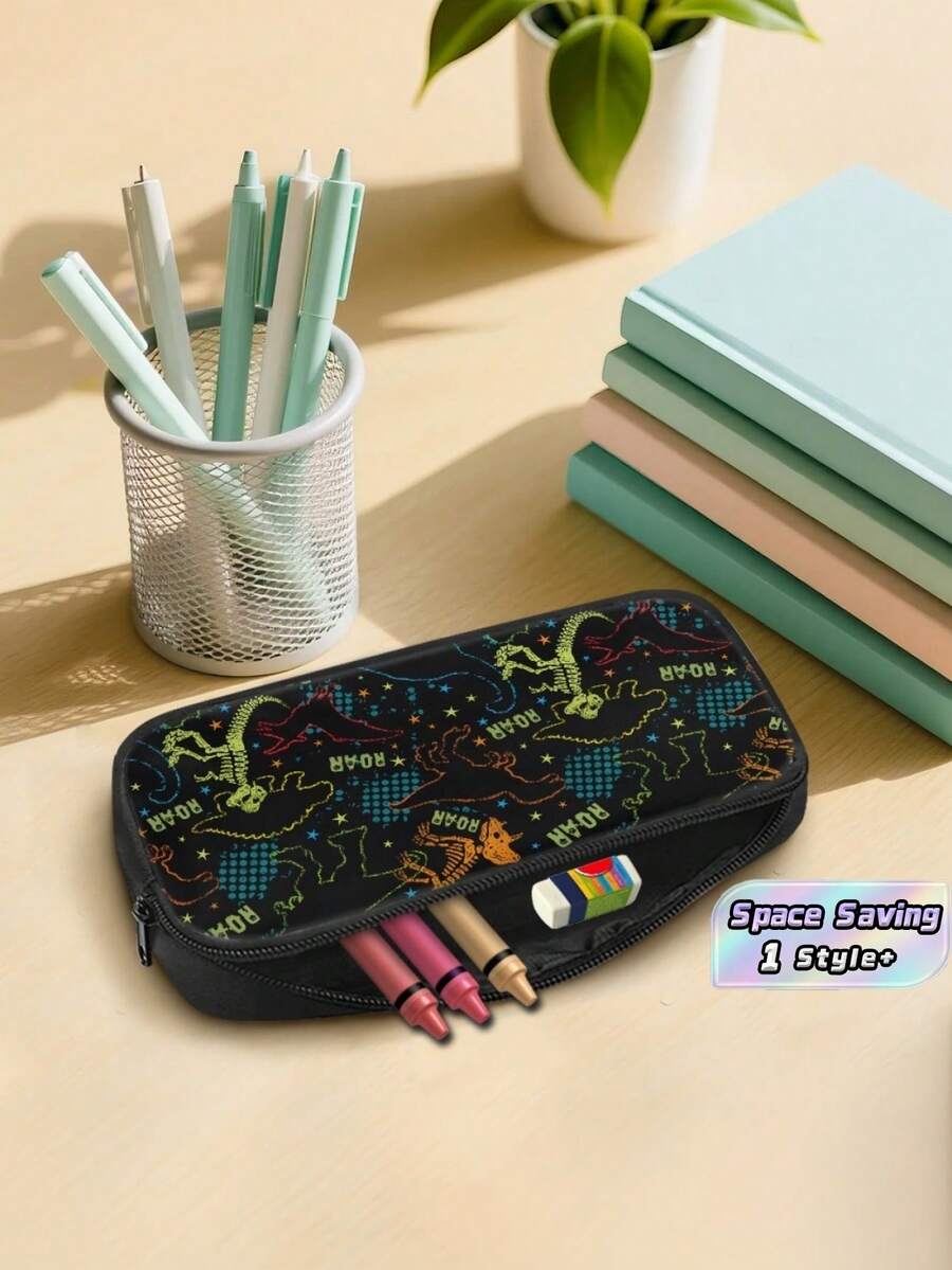1PC 600D Polyester Large Capacity Pencil Case Cool Dinosaur Skeleton Fossil Print Zipper Closure Stationery Storage Pouch Multi‑Functional Pen Bag For Student Office Travel Daily Use - Multicolor - View 1