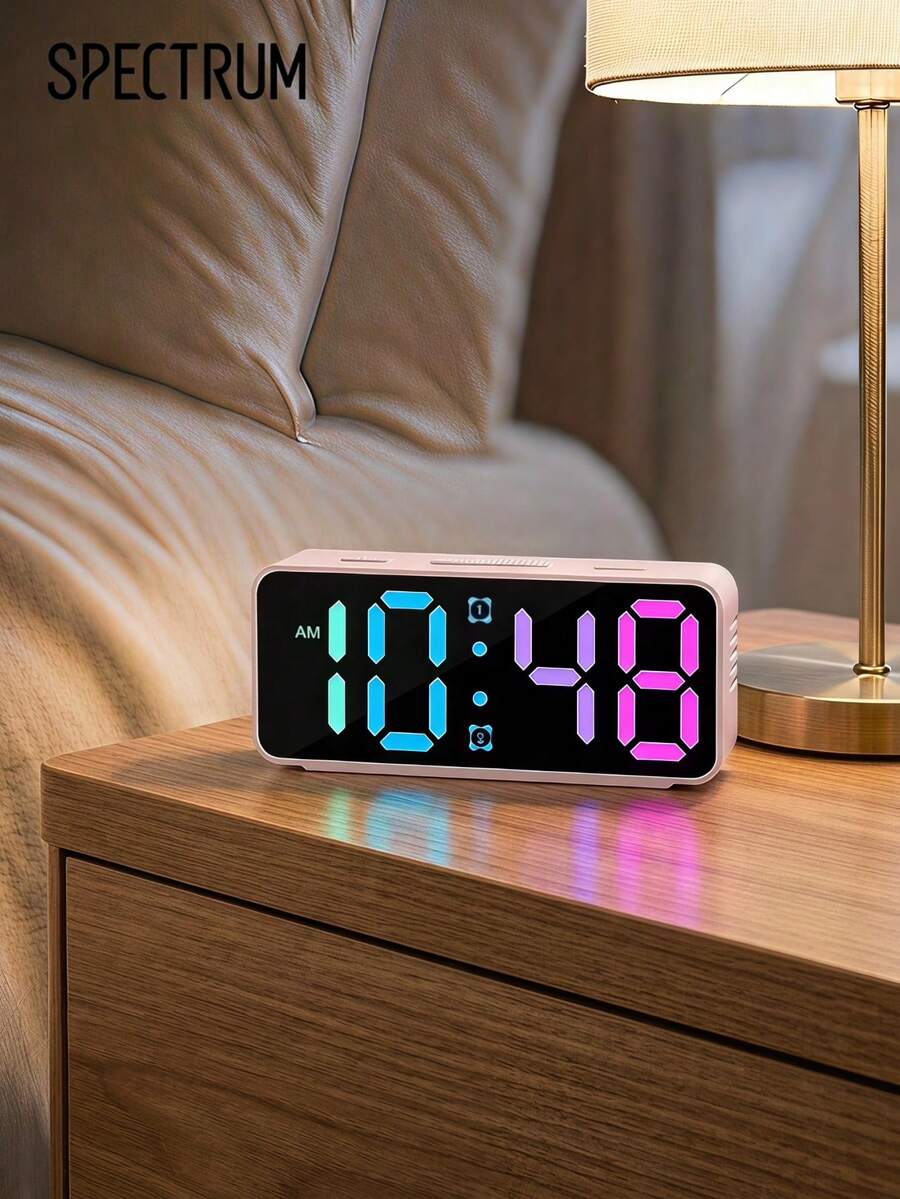1 buah Jam Alarm LED Digital RGB, 15 Mode Warna, Layar Cermin Besar, Alarm Ganda, Kecerahan yang Dapat Diatur, Jam Meja Bertenaga USB-C untuk Kamar Tidur dan Kantor, Warna Pink - Beraneka warna - View 1