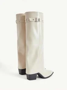 CUCCOO CHICEST Autumn And Winter New Western Style Pointed Metal Buckle Boots, High Boots Thick Heel Thin Wide Leg Knight Boots - Beige - View 5