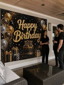 1Pc Black And Gold Birthday Backdrop, Polyester Party Background With Balloon Cake Gift Box Star Elements, For Adult Men Women Birthday, Photo Booth Dessert Table Banquet Hall Hotel Restaurant Home Celebration Decoration - Multicolor - View 9