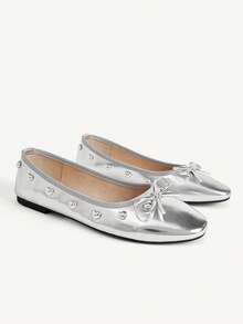 CUCCOO CHICEST Bow Love Buckle Design Round Toe Flat Bottom Elegant Commuter Ballet Silver PU Leather Women Flat Shoes Dating Vacation - Silver - View 2