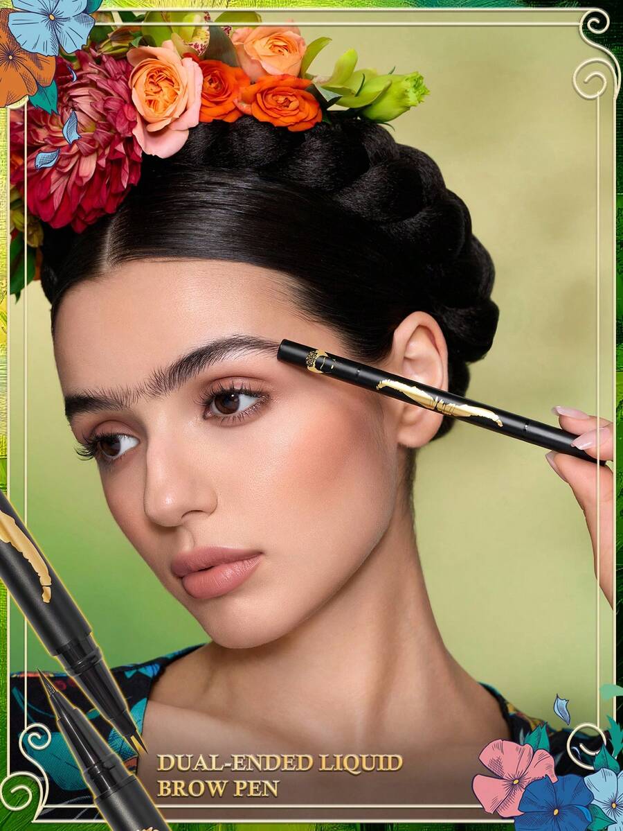 Frida Kahlo X SHEIN 1PC Black Dual-Tip Liquid Eyebrow Pencil, One-Stroke Shaping, Quick-Drying Waterproof, Smudge-Resistant, Eyebrow Pencil + Eyeliner - Black - View 1